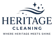 Dark blue logo for Heritage Cleaning, featuring a wave graphic, stars, and the tagline "Where heritage meets shine."