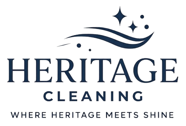 Dark blue logo for Heritage Cleaning, featuring a wave graphic, stars, and the tagline "Where heritage meets shine."