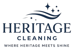 Dark blue logo for Heritage Cleaning, featuring a wave graphic, stars, and the tagline "Where heritage meets shine."