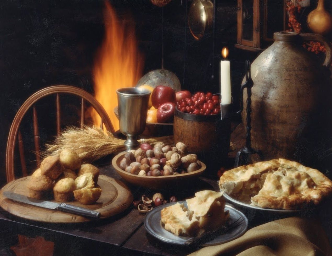 A table full of food and a fireplace in the background