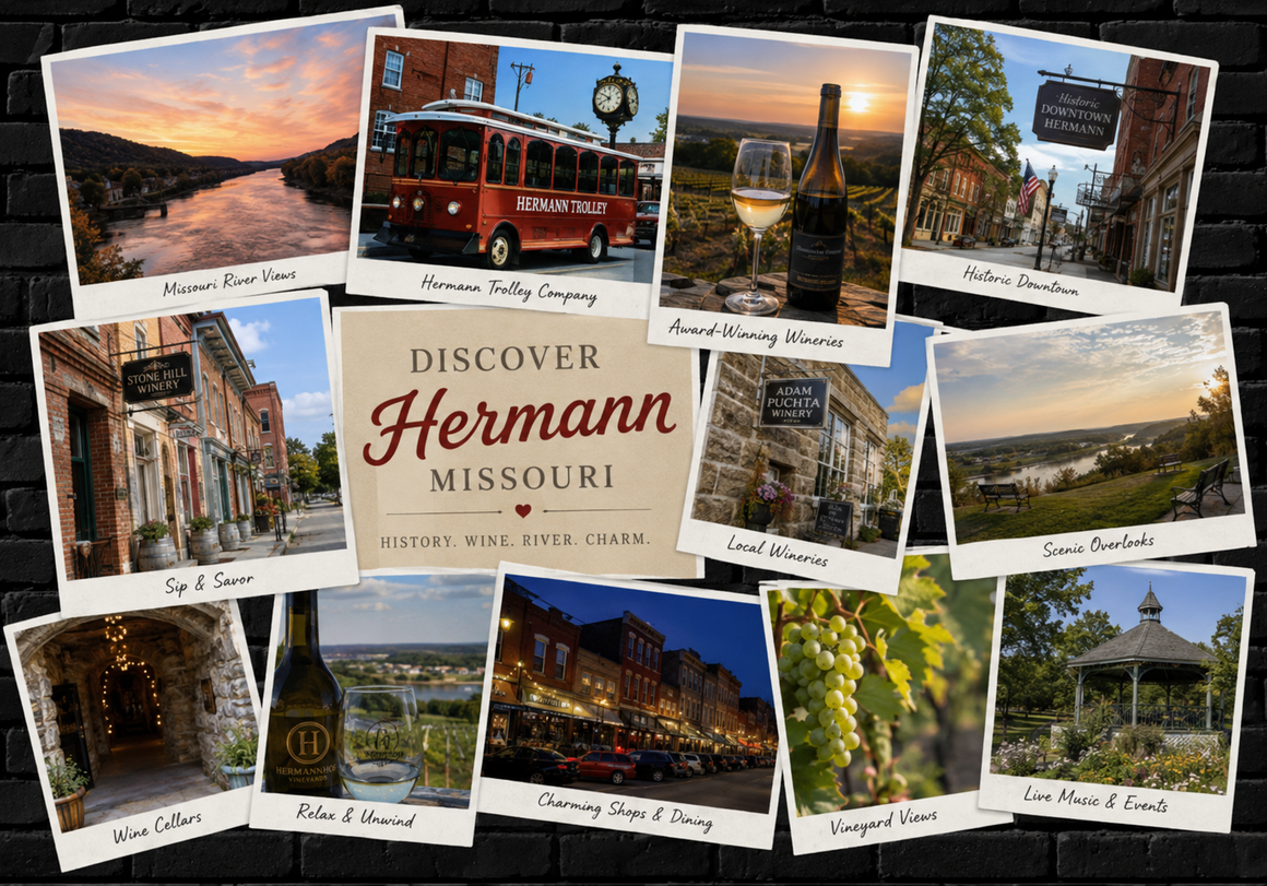 Travel postcard collage for Hermann, Missouri, with town photos, river views, and other attractions.