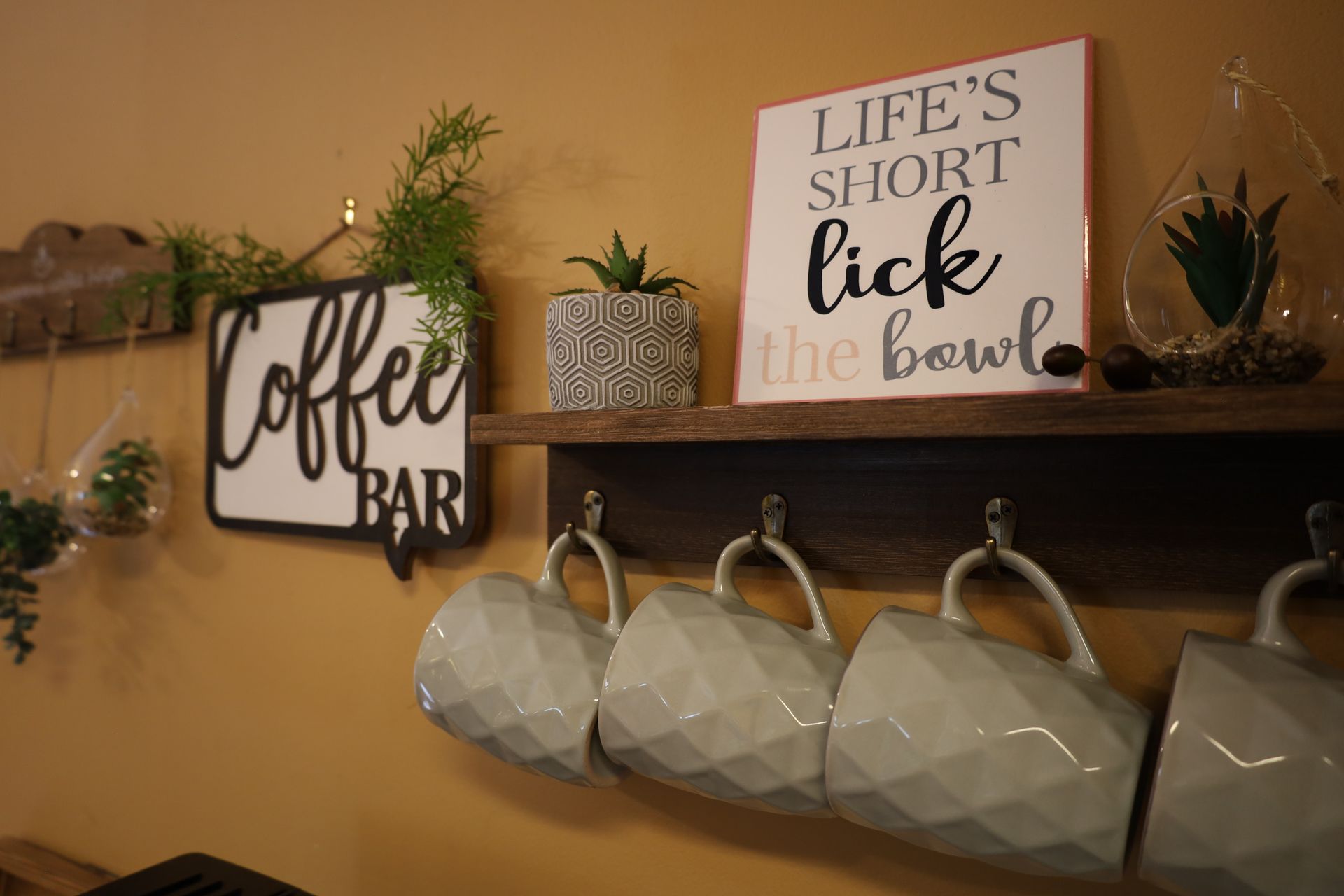 Coffee bar shelf with mugs and plants, plus signs reading “Coffee Bar” and “Life’s short lick the bowl.”