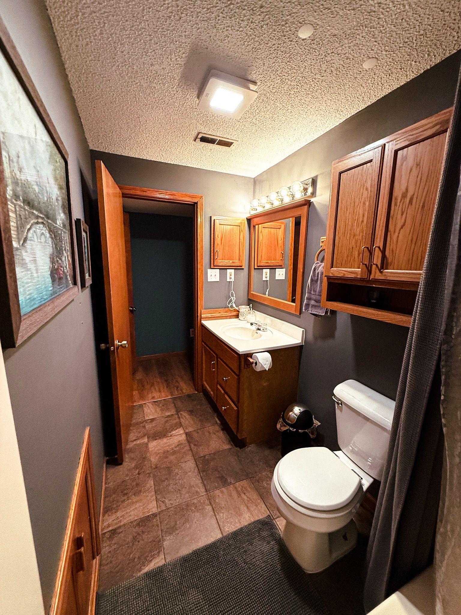 Narrow bathroom with toilet, sink, wood cabinets, gray walls, and patterned tile floor.