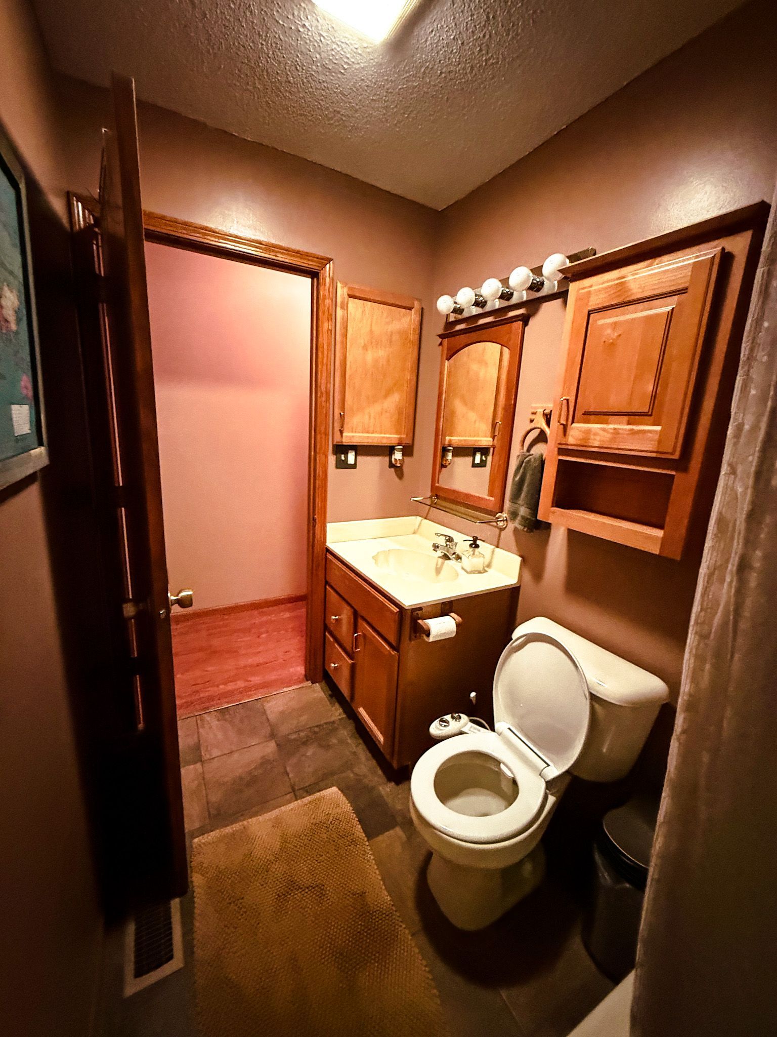 Small bathroom with wood cabinets, sink, mirror, and an open toilet.