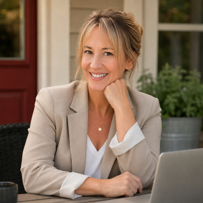 Smiling woman in a beige blazer resting her chin on her hand at an outdoor table