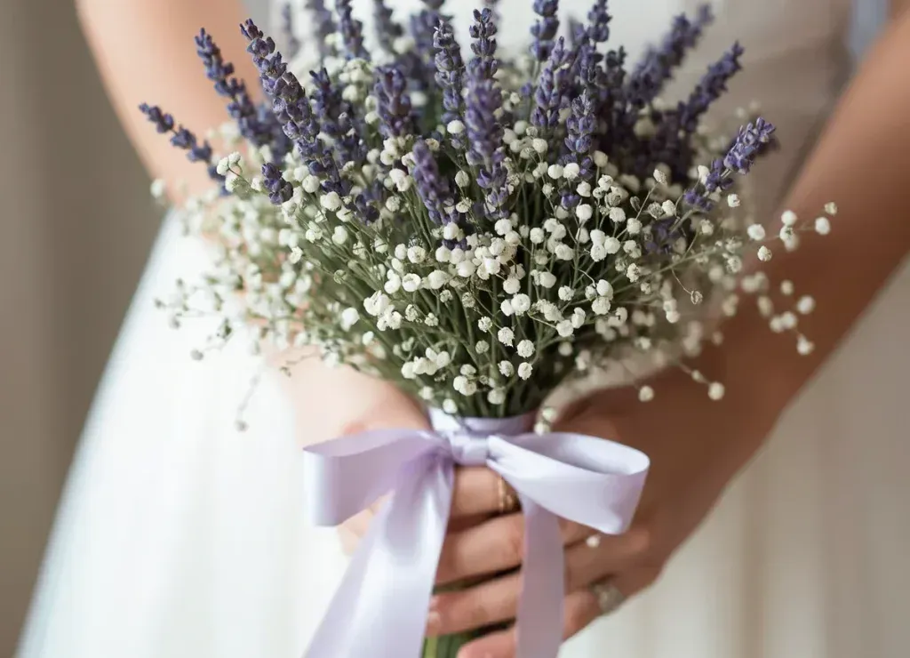 A bouquet of lavender and white flowers tied with a pale purple ribbon, held at waist level.