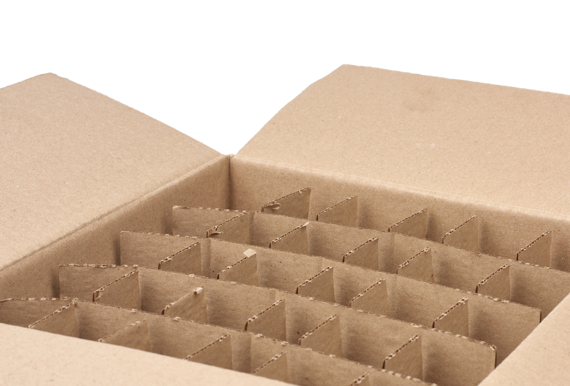 A cardboard box with dividers and a white background