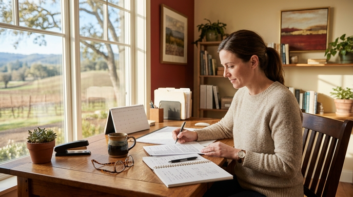 Person writing at a wooden desk by a window in a sunlit home office
