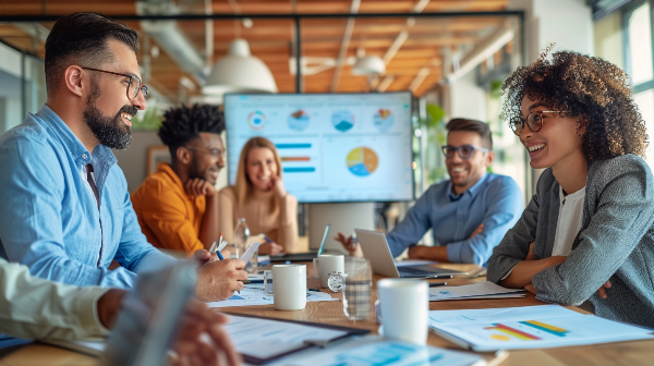 A group of people are sitting around a table having a meeting.
