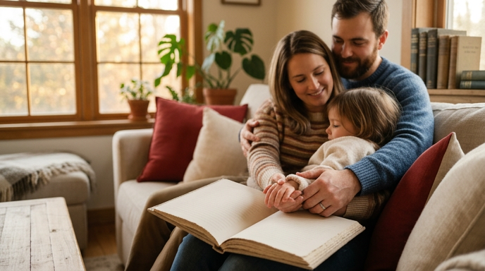 Family reading together on a couch in a cozy living room, with a child and open book.