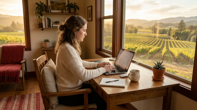Woman typing on a laptop at a wooden desk by a large window overlooking vineyards