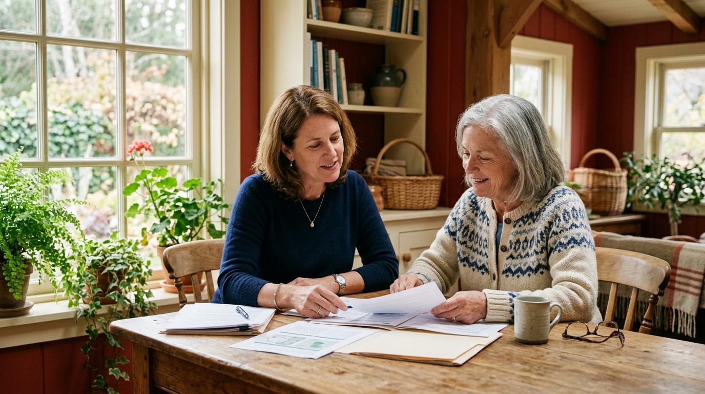 Two women review papers at a wooden table in a sunlit room with plants and bookshelves