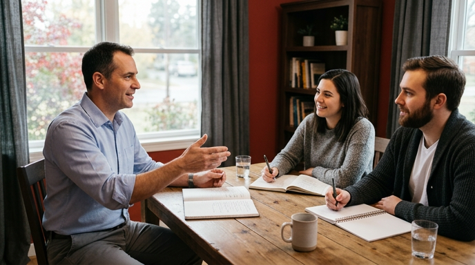 Three people in a meeting room discussing documents around a wooden table.