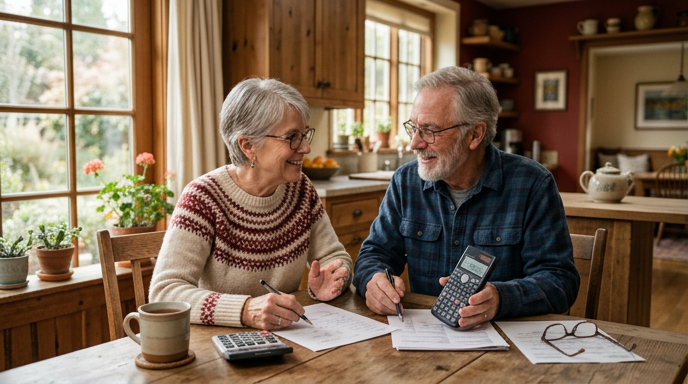 Two people reviewing papers and a calculator at a kitchen table in a cozy home office