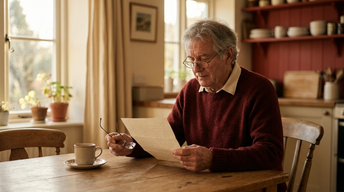 Man seated at a kitchen table reading a letter beside a cup of coffee, in a warm sunlit room