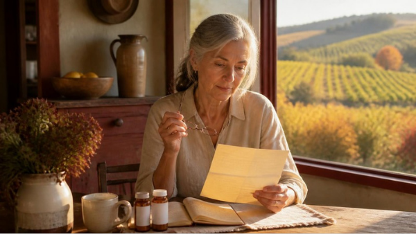 Woman reading a letter at a table by a window overlooking sunlit fields