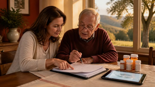 Two people reviewing documents at a table with pill bottles and a tablet in a warm, sunlit room