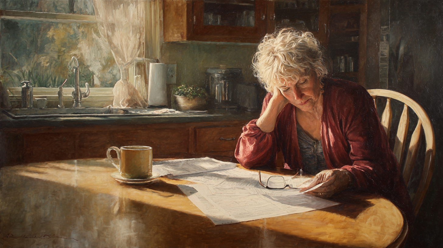 Person sitting at a sunlit kitchen table, resting head in hand beside a mug and papers, looking contemplative.
