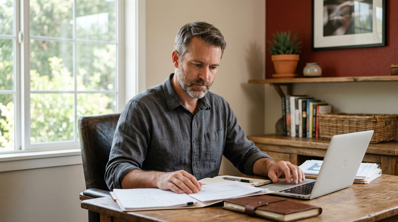 Man writing at a desk with papers, laptop, and books in a home office by a window