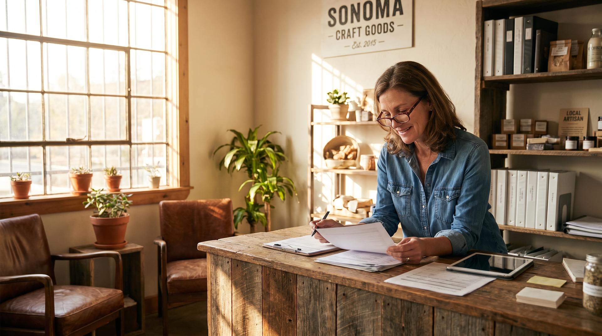 Woman writing at a rustic counter in a sunlit shop with potted plants and shelves of goods.