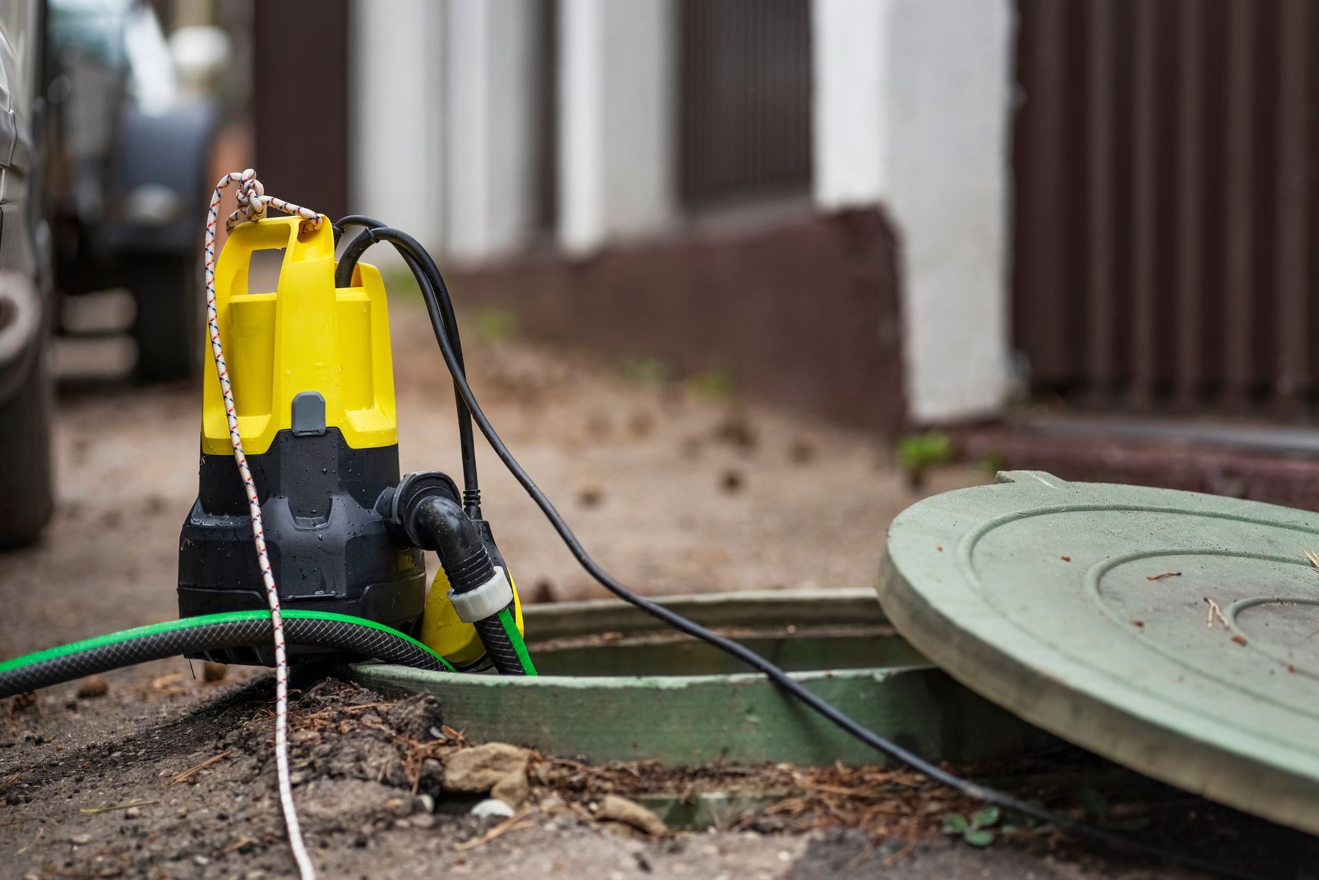 Yellow and black pump in an open green hatch, with hoses and cables, outdoors.