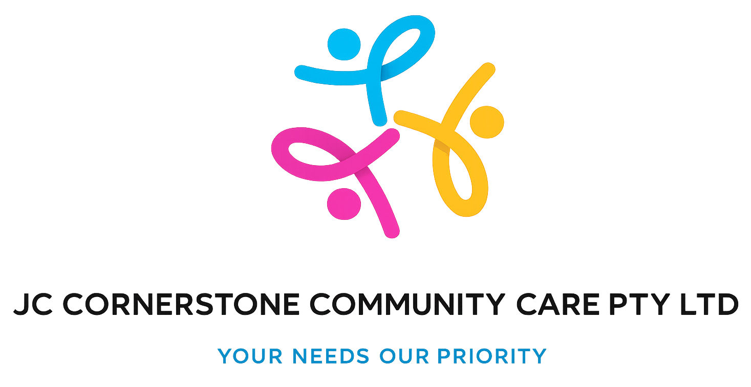 JC Cornerstone Community Care Pty Ltd logo with colorful abstract figures and tagline “Your Needs Our Priority”