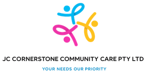 JC Cornerstone Community Care Pty Ltd logo with colorful abstract figures and tagline “Your Needs Our Priority”