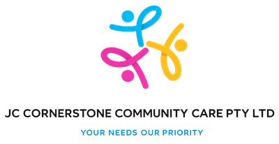 Logo for JC Cornerstone Community Care Pty Ltd with colorful abstract figures and the slogan “Your needs our priority”