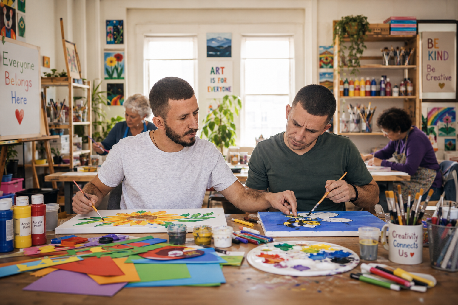 Two people, one a support worker painting at a cluttered art table in a bright studio, surrounded by supplies and colourful artwork.