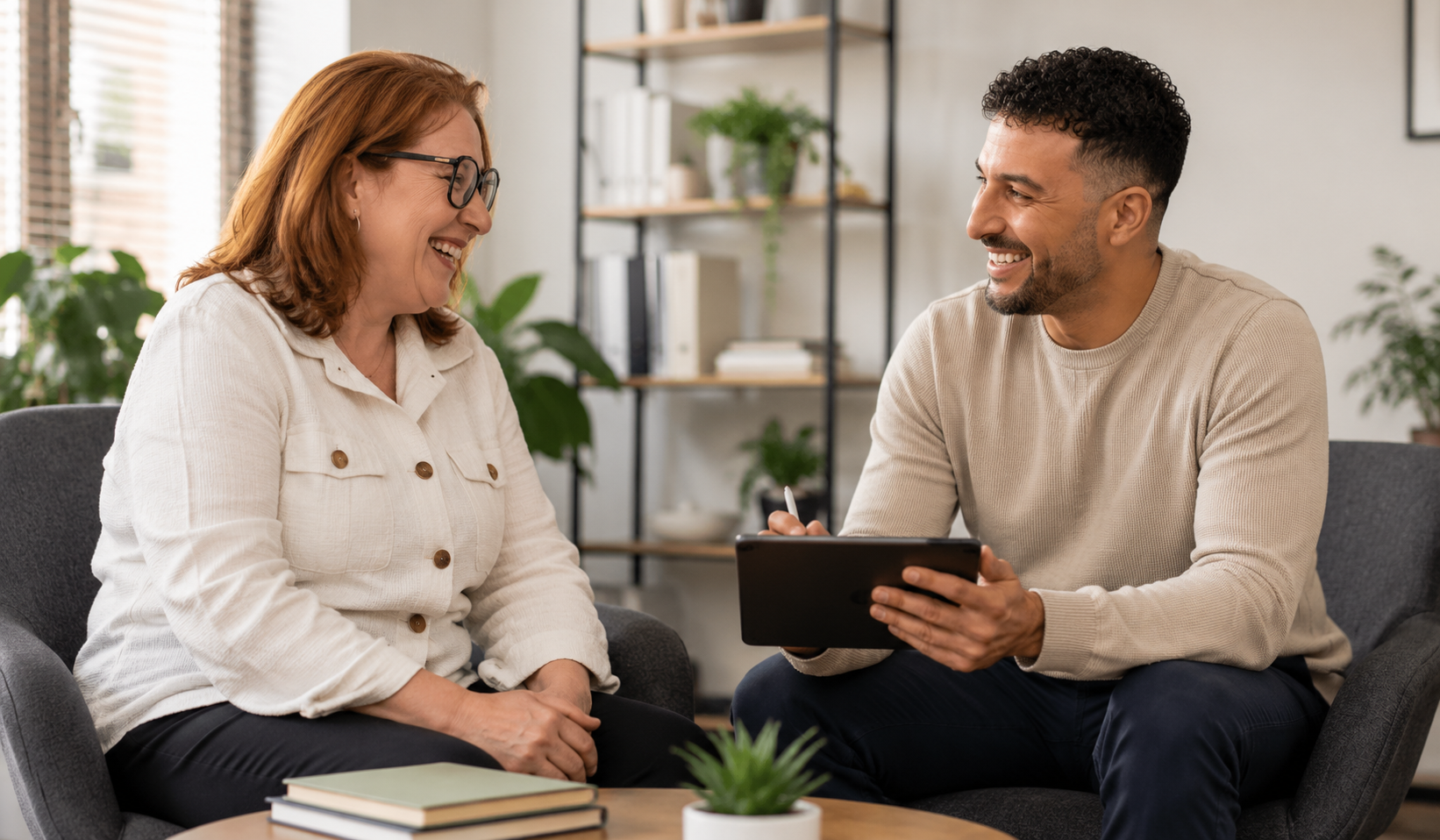 Two coworkers smiling and talking on a couch, one holding a tablet in a bright office lounge.