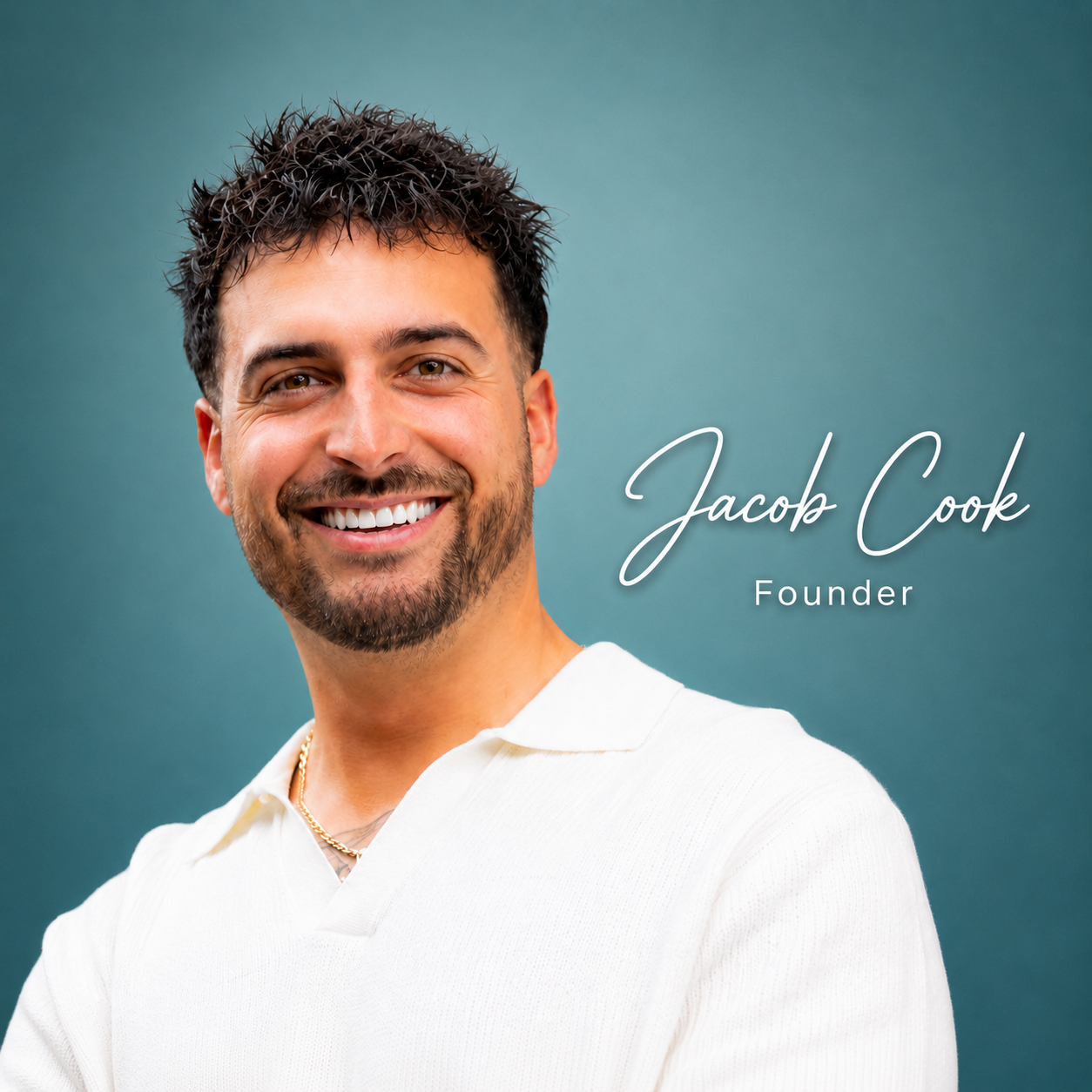 Jacob Cook founder of JC Cornerstone on teal background with text “Jacob Cook, Founder”