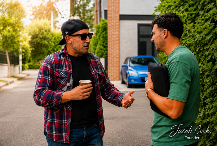 Jacob and a participant talking outdoors, one holding a coffee cup and the other a black folder, near a parked blue car.