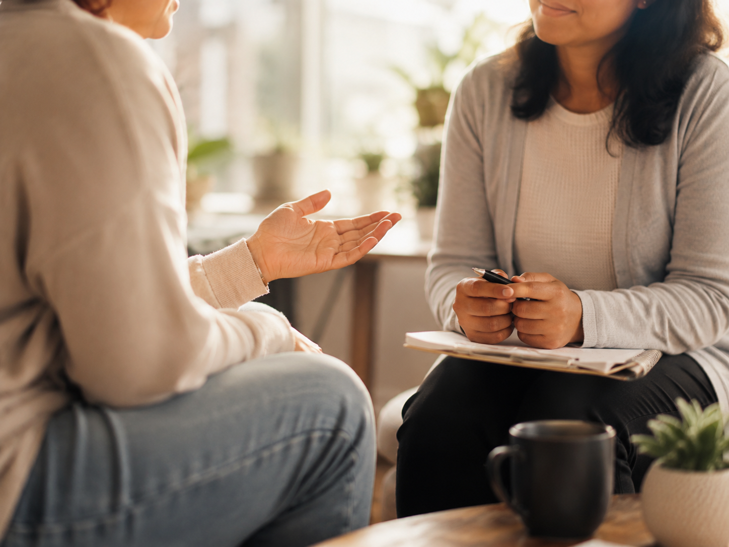 NDIS Participant seated talking with Psychosocial Recovery Coach in Melbourne with a pen in hand