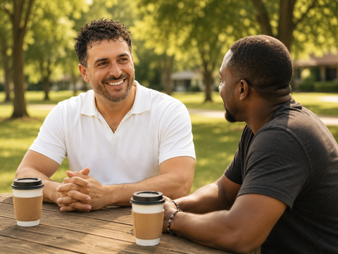 Image representing NDIS Psychosocial Recovery Coaching in Melbourne, Jacob, with a participant drinking coffee