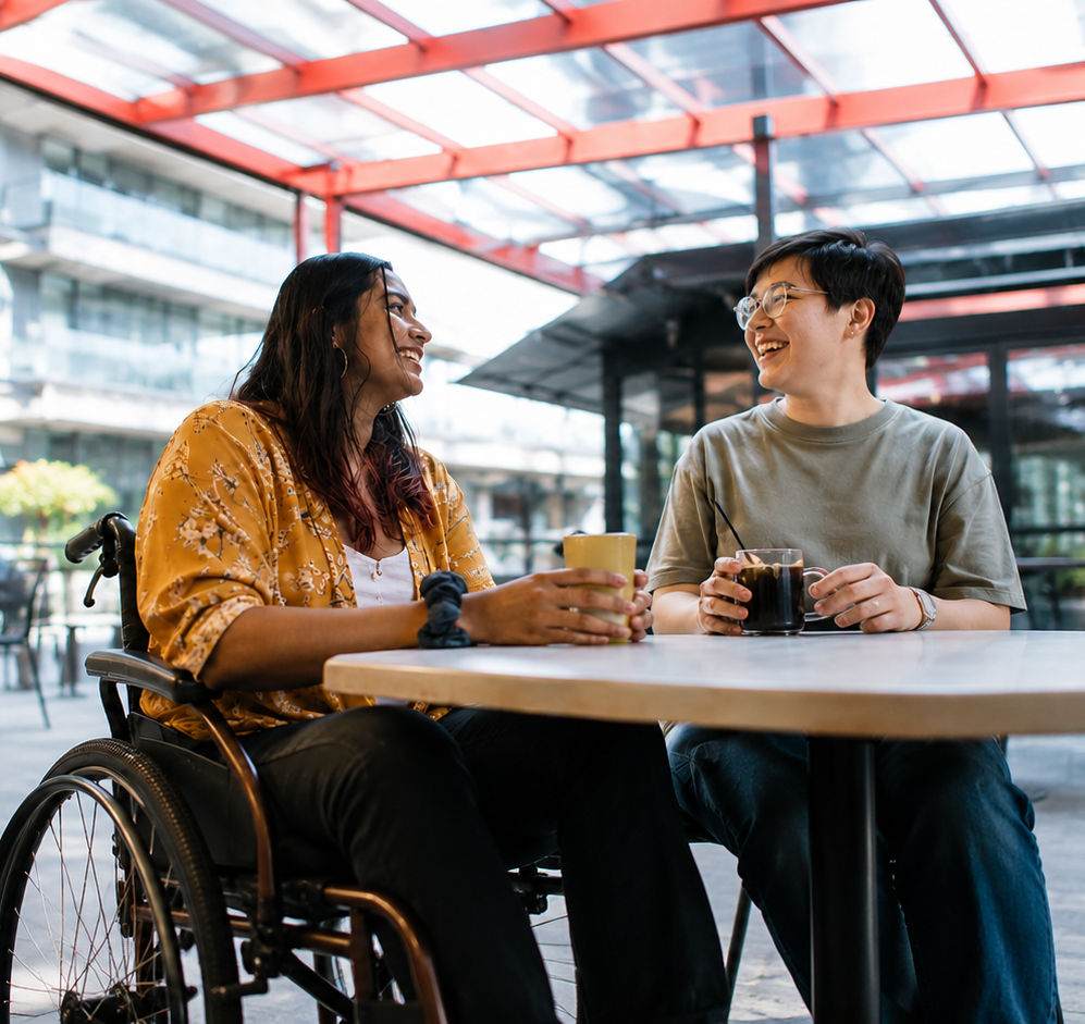 Two people chatting at a café table, one in a wheelchair, under a glass roof.