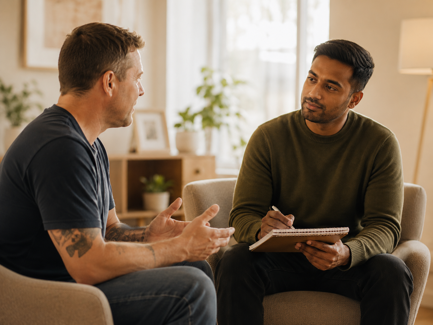 Two people are seated on a couch in conversation, one holding a notebook in a bright living room, doing Psychosocial recovery coaching