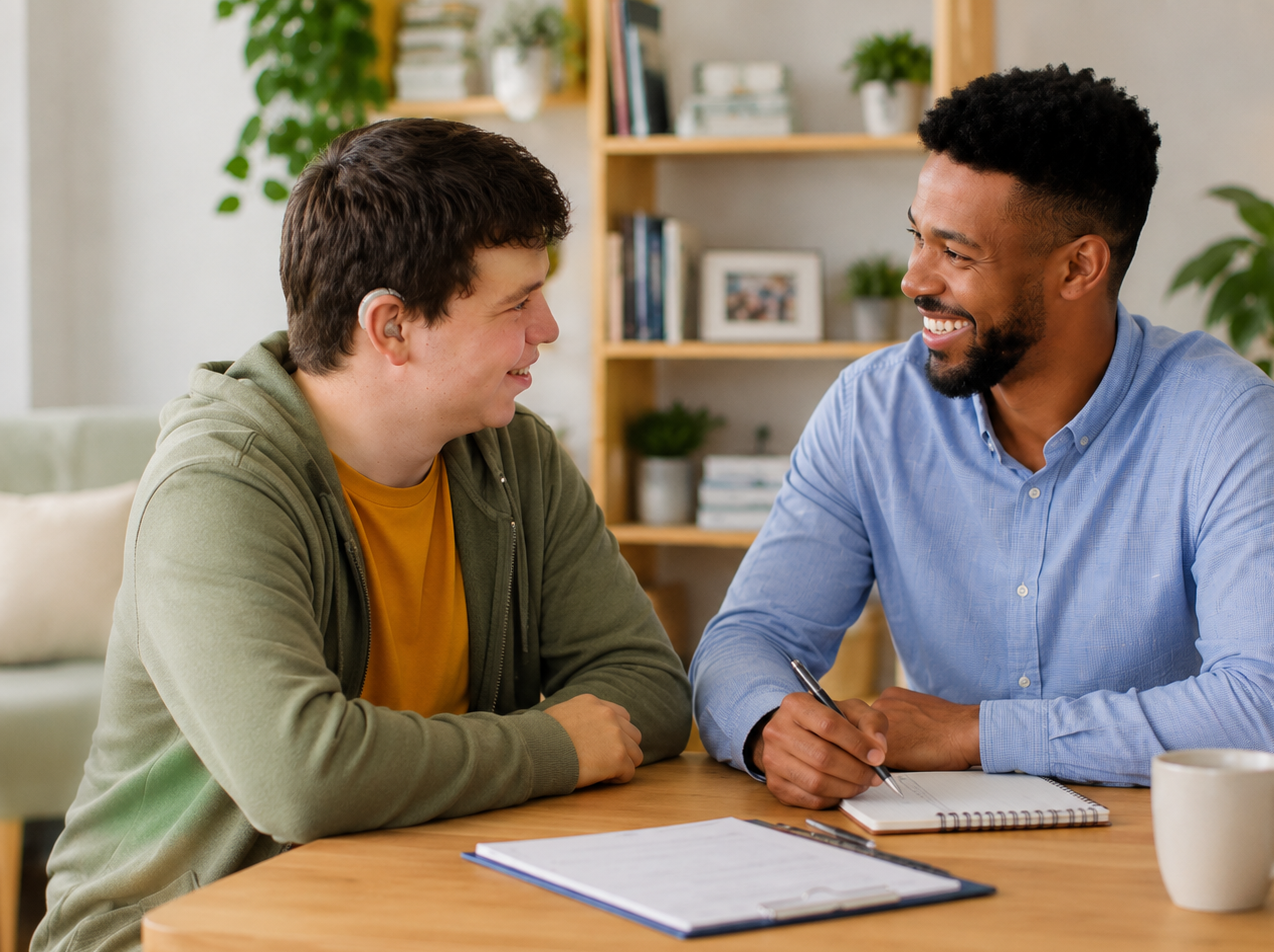 NDIS participant with a hearing aid sitting with a support coordinator in Melbourne, smiling at each other discussing goals