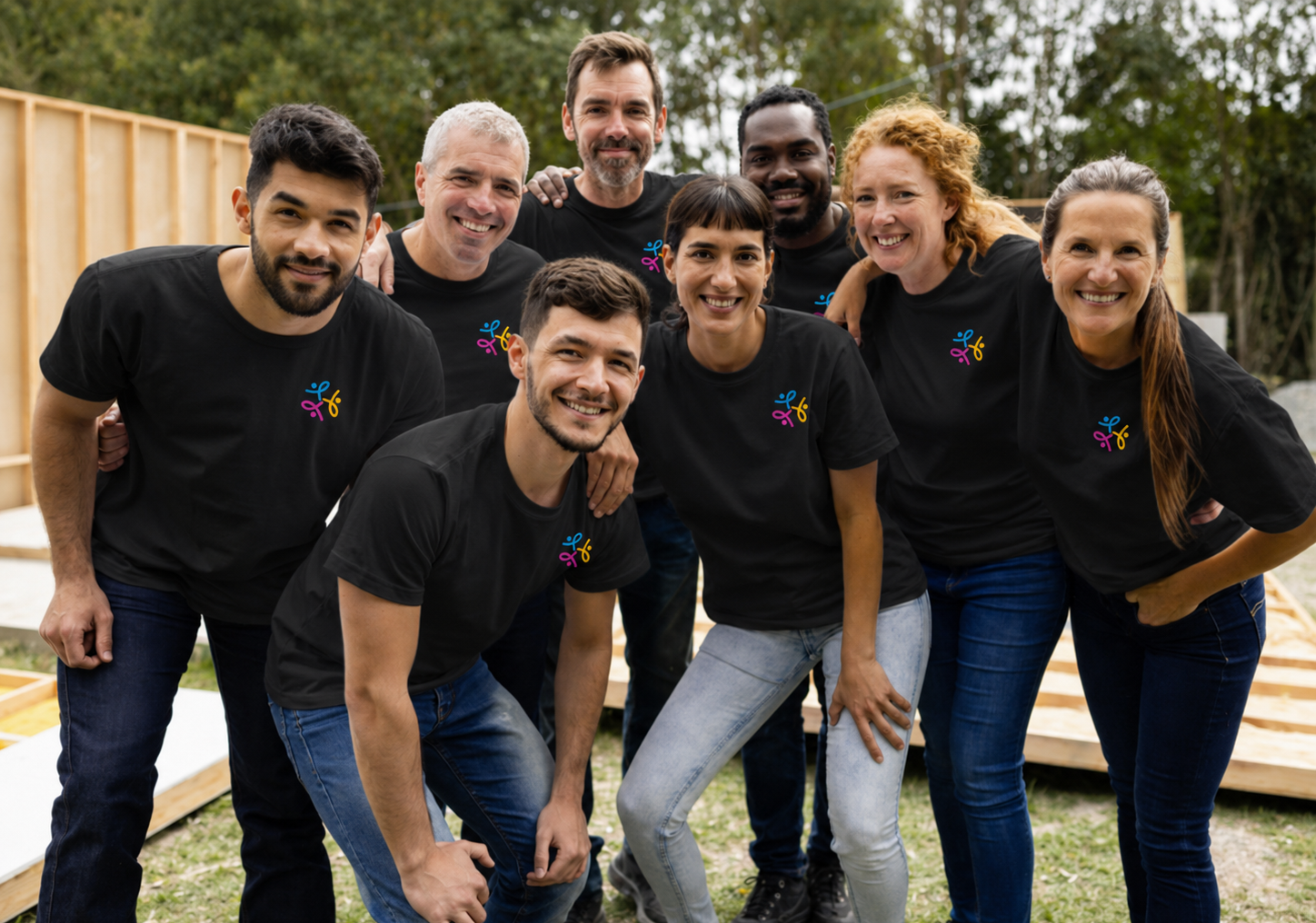 Group of smiling people in black shirts with the JC Cornerstone logo in Melbourne posing outdoors on a grassy field.