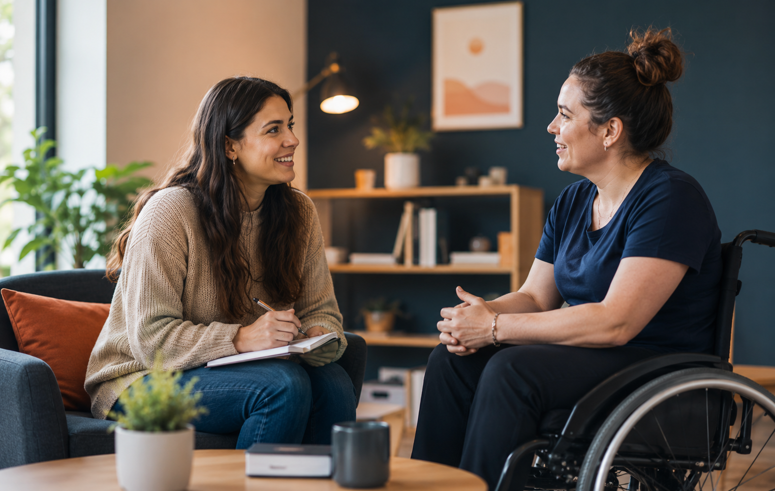Two women talking in a cozy office, one seated in a wheelchair, support coordinator taking noting notes