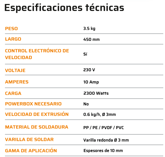 Tabla de “Especificaciones técnicas” en español con datos de peso, largo, voltaje, amperes y materiales.