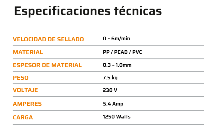Especificaciones técnicas de una máquina: velocidad de sellado, materiales, espesor, peso, voltaje, amperios y carga.
