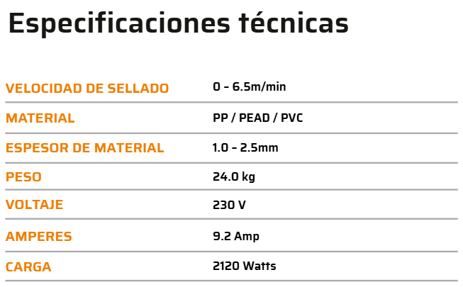 Tabla de especificaciones técnicas de una máquina selladora, incluyendo velocidad, materiales, espesor, peso, voltaje, amperaje y carga.