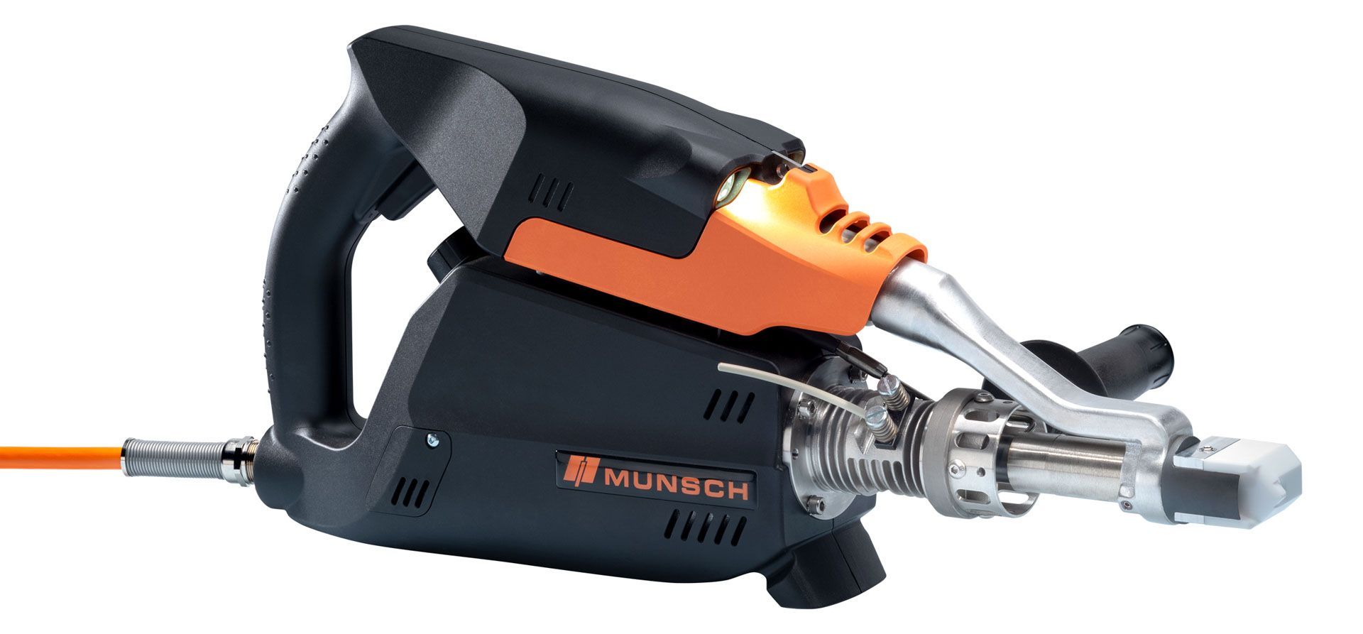 Máquina roscadora eléctrica de tubos de color naranja y negro con cabezal de corte y cable de alimentación.