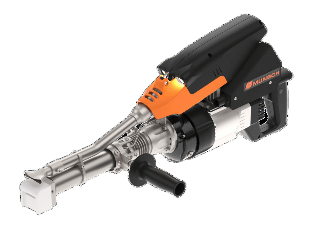 Herramienta eléctrica de mano negra y naranja con boquilla metálica larga y mango lateral.
