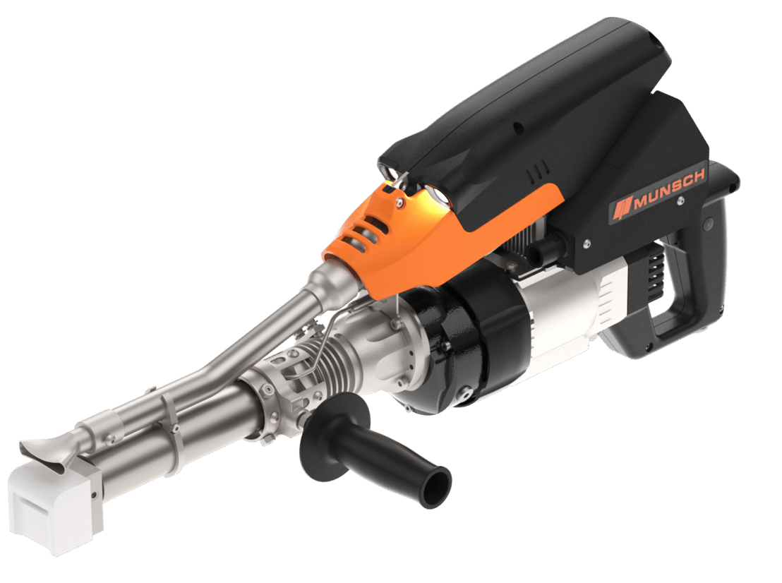 Herramienta eléctrica de mano negra y naranja con boquilla metálica y mango lateral.