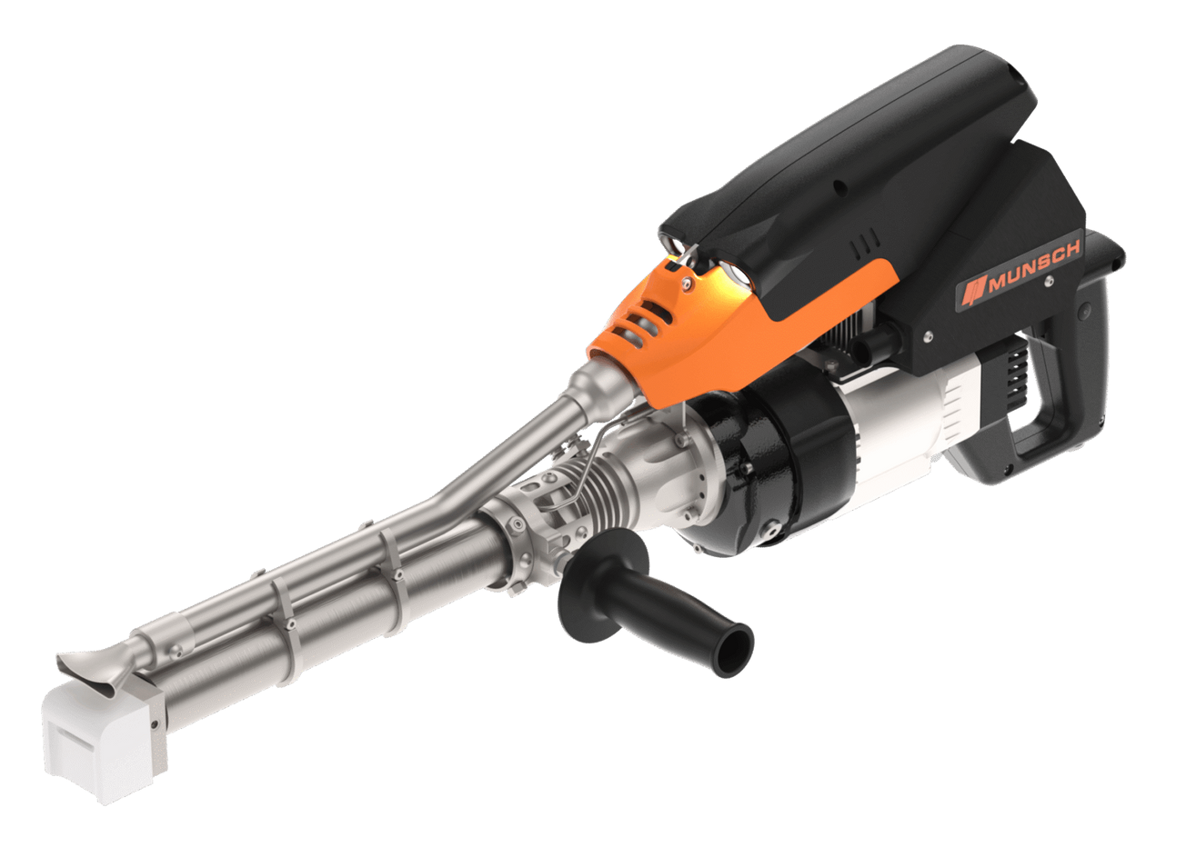 Herramienta eléctrica de mano naranja y negra con eje metálico largo y mango lateral.