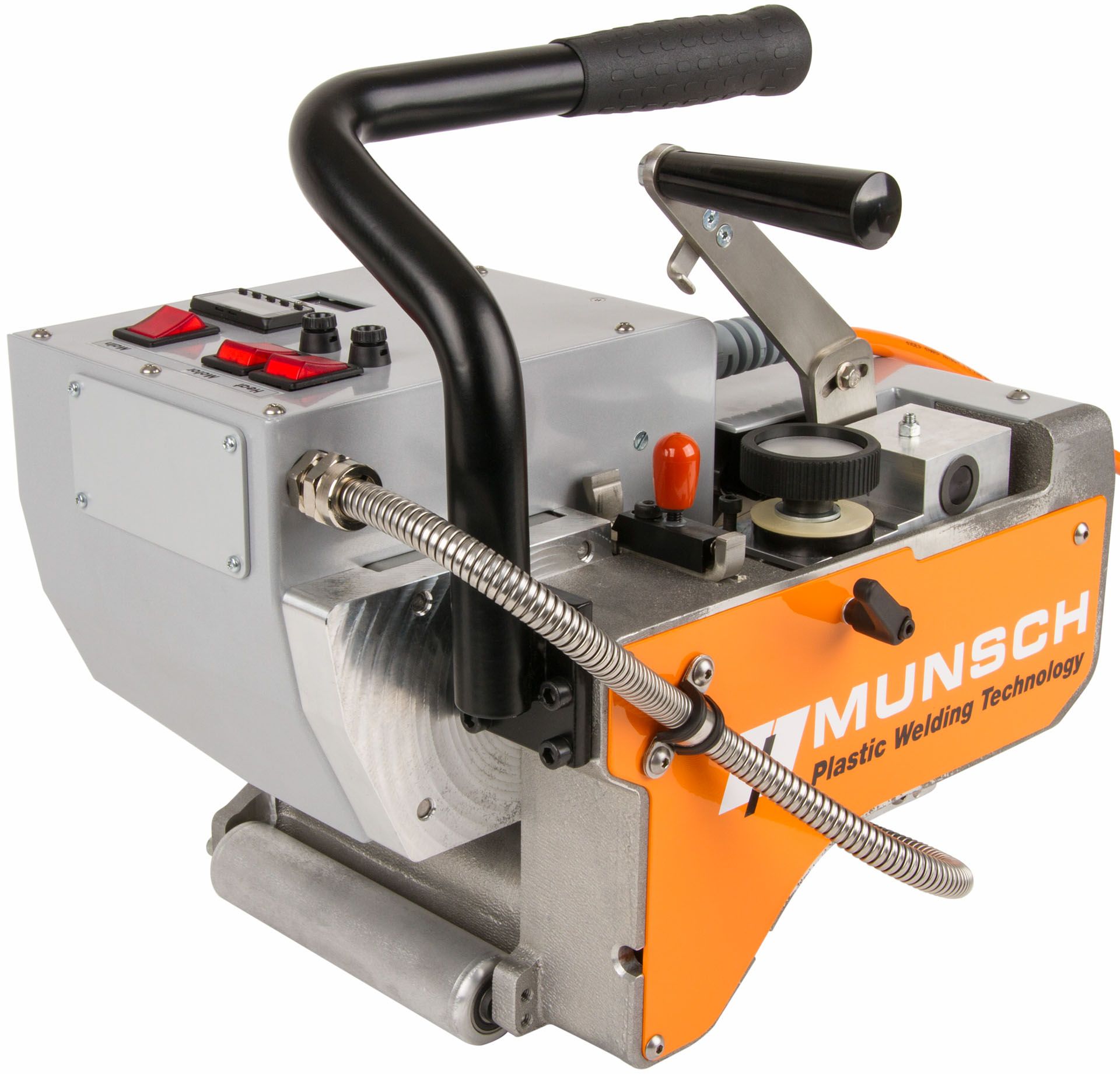 Máquina de soldar plástico Munsch de color naranja y plateado con mango y controles negros.
