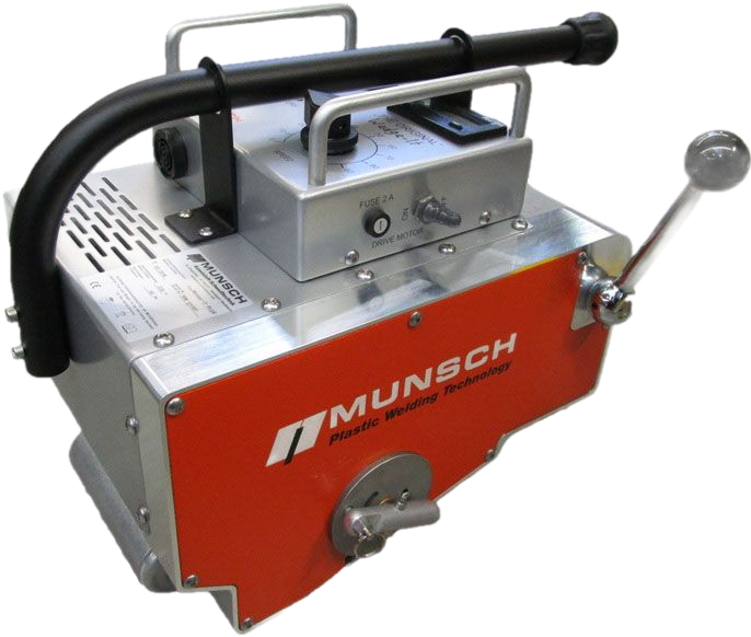 Máquina de soldar Munsch de color naranja y plata con mango y caja de control de color negro.