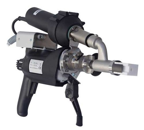 Herramienta eléctrica industrial portátil con cuerpo de metal negro y plateado, mango lateral y empuñadura con gatillo.