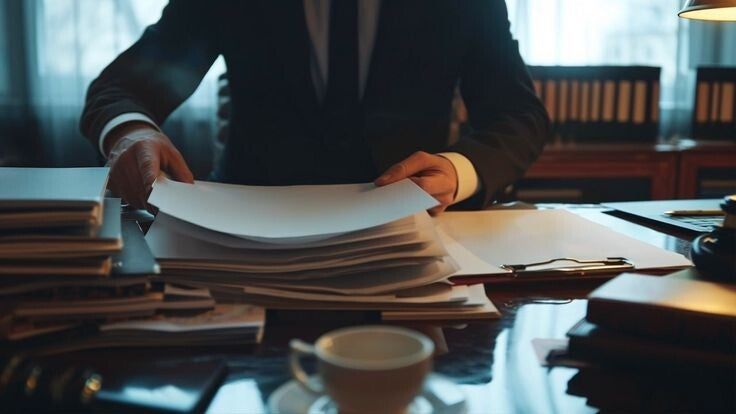 Persona in giacca e cravatta che sistema dei documenti su una scrivania con una tazza di caffè, ambiente da studio legale.